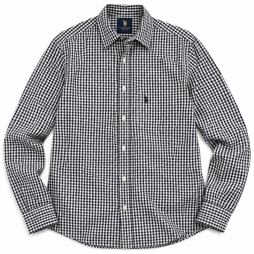 U.S. Polo Assn Gingham Dress Shirt Blue White Wrinkle Free Men's